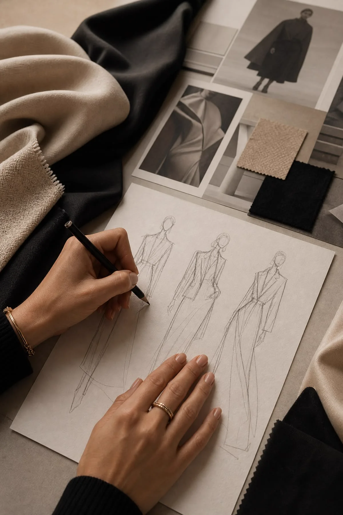 Designer sketching garment silhouettes beside fabric swatches