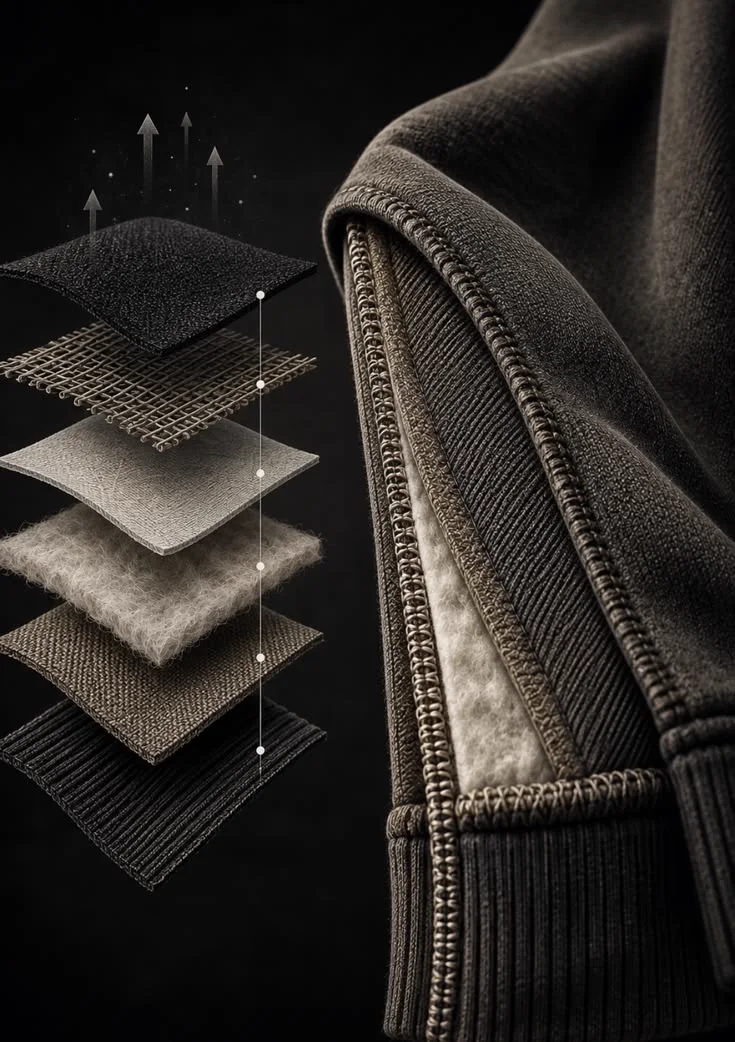 Exploded diagram of the layers inside a premium knit garment