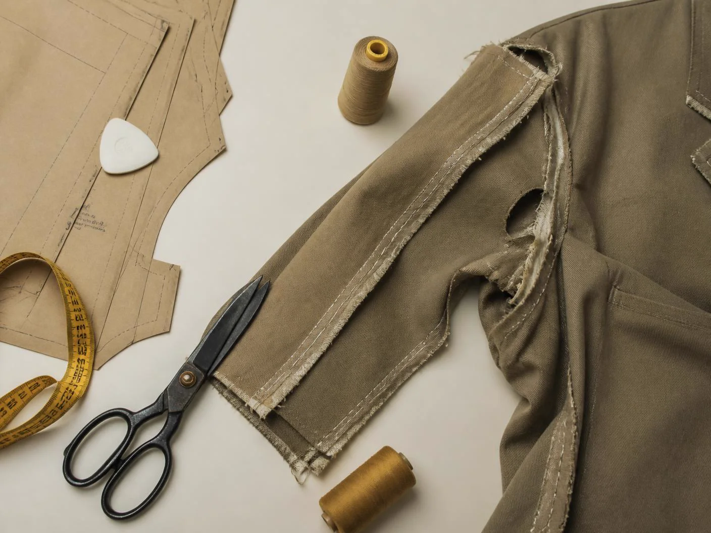 Pattern pieces, shears and thread beside a khaki garment in construction