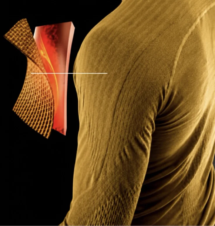 Gold technical knit with a cross-section of the fabric structure