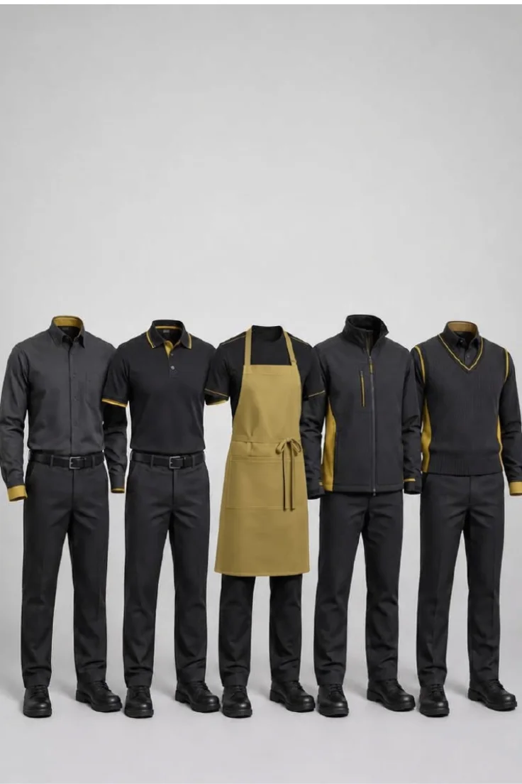 A range of black and gold corporate uniforms on display